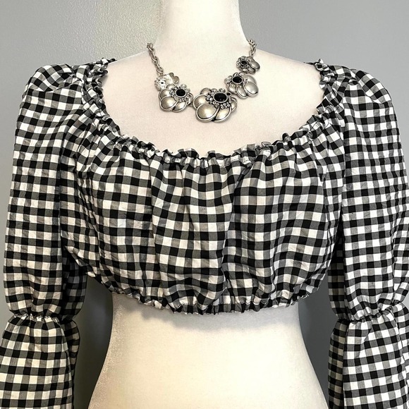 TOPSHOP Black White Gingham Plaid Puff Sleeve Crop Top NEW 6P Petite - Picture 2 of 6